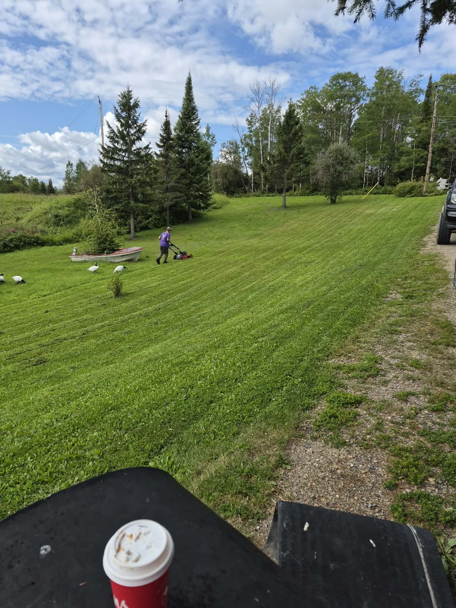 Person mowing a green lawn with a red lawnmower